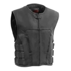 Front view of the Commando Men’s Leather Swat Style Motorcycle Vest with multiple pockets and a sleek design.
