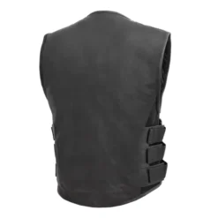 Back view of the Commando Men’s Leather Swat Style Motorcycle Vest with a clean, streamlined look and broad shoulder design.