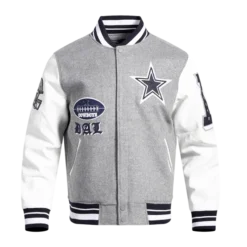 Front view of the Dallas Cowboys Mashup Wool Varsity Jacket in gray and white, featuring embroidered team graphics and a button-up closure.