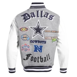 Back view of the Dallas Cowboys Mashup Wool Varsity Jacket in gray and white, showcasing large embroidered team graphics and logos.
