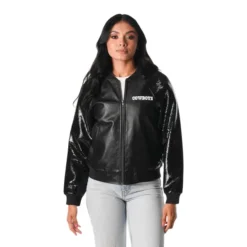 Front view of the Dallas Cowboys Wild Collective Black Sequin Jacket with shimmering black sequins and team branding.