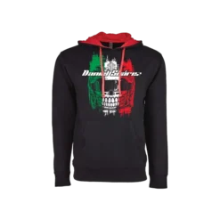 Front view of the Daniel Suarez Black Helmet Hoodie, featuring a sleek black design with a bold racing-inspired graphic.