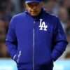 Front view of the Dave Roberts LA Dodgers Blue Bomber Jacket featuring the team's logo and stylish design.