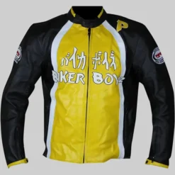 Front view of the Derek Luke aka Biker Boyz Kid Yellow Motorcycle Jacket featuring a bold yellow design with black accents and zipper details.