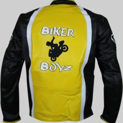 Back view of the Derek Luke aka Biker Boyz Kid Yellow Motorcycle Jacket, showcasing bold black graphics and detailing.