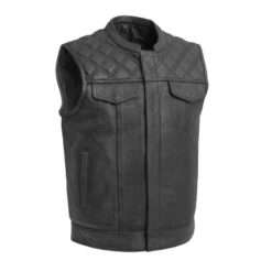 Front view of the Downside Men’s Motorcycle Leather Vest, featuring a sleek black leather design with a zip-up closure and multiple pockets.