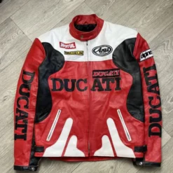 Front view of the Ducati Vintage Racing Leather Jacket, featuring classic racing stripes and premium leather finish.