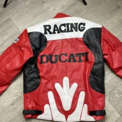 Back view of the Ducati Vintage Racing Leather Jacket, showcasing the iconic Ducati logo and vintage-inspired details.