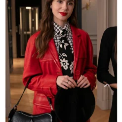 Front view of the 'Emily in Paris' Season 4 Lily Collins Red Leather Coat, featuring a sleek design and premium leather finish.