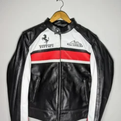 Front view of Ferrari Biker Racing Leather Jacket in premium leather with racing-inspired details
