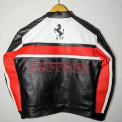 Back view of Ferrari Biker Racing Leather Jacket featuring Ferrari branding and racing-inspired design.