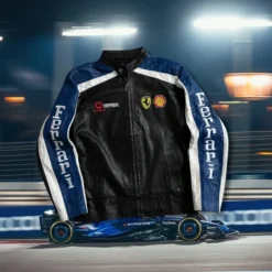 Ferrari Blue Black Race Leather Jacket – Front View