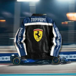 Ferrari Blue Black Race Leather Jacket – Back View