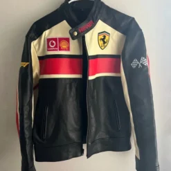 Front view of Ferrari F1 Vintage Leather Jacket in premium leather with iconic Ferrari branding.