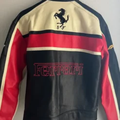 Back view of Ferrari F1 Vintage Leather Jacket featuring bold Ferrari logo and racing-inspired design.