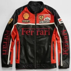 Front view of Ferrari Leather Motorcycle Vintage Jacket in premium leather with classic racing-inspired details.