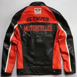 Back view of Ferrari Leather Motorcycle Vintage Jacket showcasing detailed embroidery and vintage racing aesthetics.