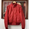 Front view of Ferrari Leather Y2K Hype Racing Jacket featuring bold racing graphics and premium leather construction.