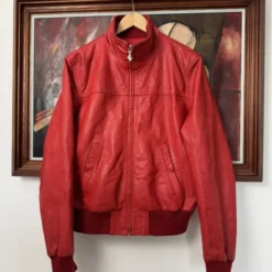 Front view of Ferrari Leather Y2K Hype Racing Jacket featuring bold racing graphics and premium leather construction.