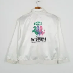 Back view of the Ferrari Magneti Marelli Racing Jacket showcasing Ferrari's Prancing Horse logo and sponsor branding.