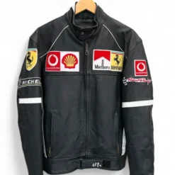 Front view of Ferrari Motorbike Leather Racing Jacket in premium leather with Ferrari branding and racing-inspired design.