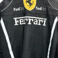 Back view of Ferrari Motorbike Leather Racing Jacket featuring Ferrari logo and aerodynamic racing design.