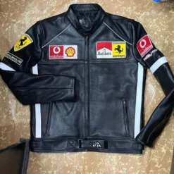 Ferrari Vintage Genuine Leather Racing Jacket – Front View, featuring premium leather, classic racing patches, and Ferrari branding.