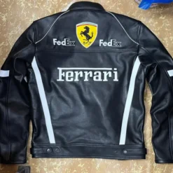 Ferrari Vintage Genuine Leather Racing Jacket – Back View, showcasing bold Ferrari branding and a sleek racing-inspired design.