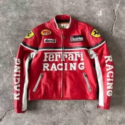 Front view of Ferrari Vintage Motorbike Leather Jacket – premium black leather with red Ferrari logo detailing.