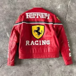 Back view of Ferrari Vintage Motorbike Leather Jacket – sleek black leather with bold Ferrari branding on the back.