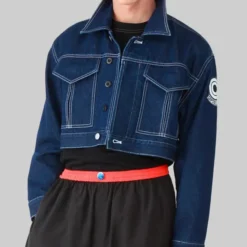 Front view of the Future Trunks Dragon Ball denim jacket featuring iconic Capsule Corp logo on the chest.