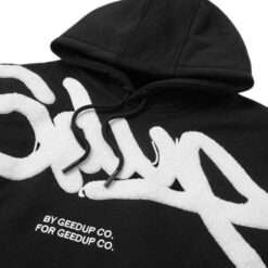 Close-up of Geedup Handstyle Black & White Hoodie front design
