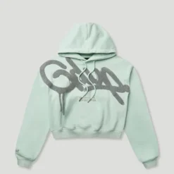 Front view of the Geedup Handstyle Teal Cropped Hoodie, featuring a bold logo on the chest.