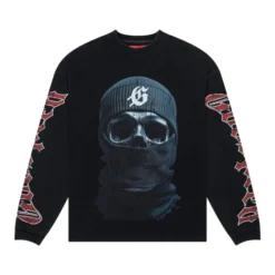 Front view of the Godspeed Balaclava Szn L/S Tee, a long-sleeve graphic T-shirt featuring a bold design.