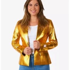 Front view of Groovy Gold Women’s Blazer with a sleek tailored fit and shimmering gold finish.