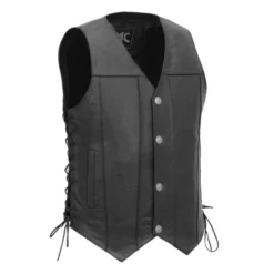 Close-up of the Gun Slinger Men’s Motorcycle Western Style Leather Vest, showcasing snap-button closure and sleek Western design.