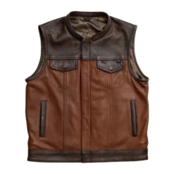 Gunner Men’s Leather Motorcycle Vest – sleek black design with front zip closure and multiple pockets.