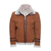 Hagan’s Tan Aviator Suede Shearling Jacket – front view showcasing luxurious suede and plush shearling collar.