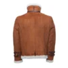 Hagan’s Tan Aviator Suede Shearling Jacket – back view highlighting structured paneling and shearling trim.