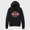 Black Harley-Davidson hoodie featuring the iconic logo on the chest, designed for comfort and style.