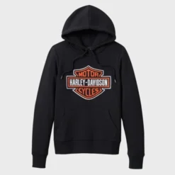 Black Harley-Davidson hoodie featuring the iconic logo on the chest, designed for comfort and style.