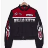 A stylish Hello Kitty Flames Racing Jacket with bold red and black racing stripes, fiery graphics, and Hello Kitty embroidered on the chest.
