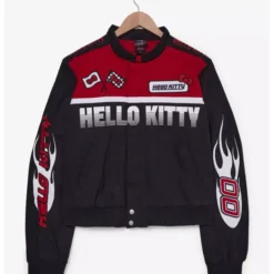 A stylish Hello Kitty Flames Racing Jacket with bold red and black racing stripes, fiery graphics, and Hello Kitty embroidered on the chest.