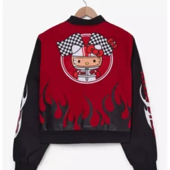 The back of the Hello Kitty Flames Racing Jacket, showcasing a large flame-wrapped Hello Kitty graphic with racing-inspired text.