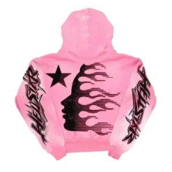 The back of the pink hoodie displays Hellstar’s signature graphics, featuring surreal artwork and bold typography for a statement look.