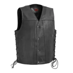 High Roller Men’s Motorcycle Leather Black Vest – sleek black leather vest with a rugged design, front button closure, and multiple pockets for convenience.