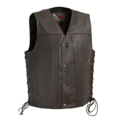 Front view of the High Roller Men’s Motorcycle Western Style Leather Vest, featuring premium black leather, snap-button closure, and stylish Western yoke detailing.