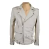 A stylish cream-colored biker leather jacket featuring a sleek asymmetrical zip closure, wide lapels, and silver-tone hardware.