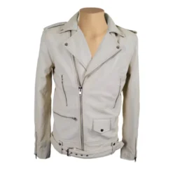 A stylish cream-colored biker leather jacket featuring a sleek asymmetrical zip closure, wide lapels, and silver-tone hardware.