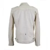 Holman’s Cream Biker Leather Jacket 3 The back view of a cream biker leather jacket showcasing a structured fit, smooth paneling, and minimalistic detailing.